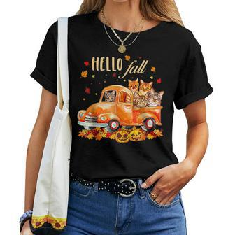 Hello Fall Cat Halloween Pumkin Halloween Women T-shirt | Mazezy