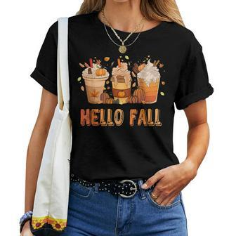 Hello Fall Latte Coffe Pumpkin Fall Y'all Leopard Peace Love Women T-shirt - Seseable