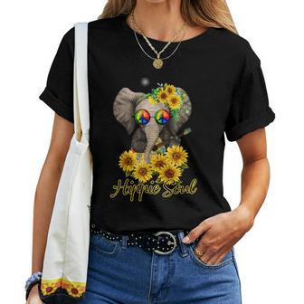 Hippe Soul Elphant Playing Guitar Hippie Elephant Sunflower Women T-shirt | Mazezy