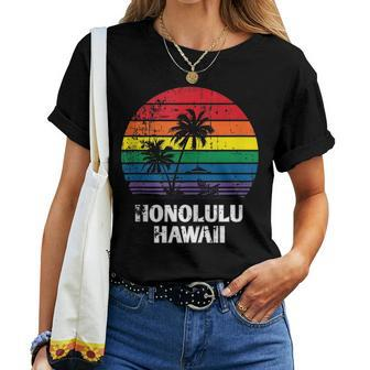 Honolulu Retro Lgbt Hawaii Pride Rainbow Palm Tree Women T-shirt | Mazezy