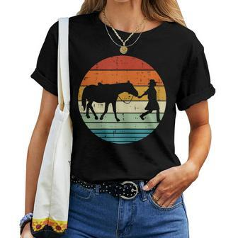 Horse And Girl Silhouette Sunset Retro Cowgirl Equestrian Women T-shirt | Mazezy