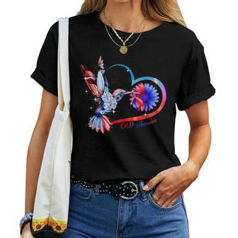 Hummingbird Sunflower Heart Blue & Red Ribbon Chd Awareness Women T-shirt | Mazezy