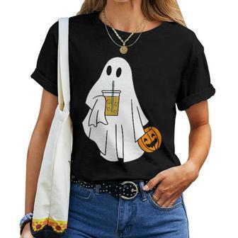 Iced Coffee Halloween Cute Little Ghost Pumpkin Costume Women T-shirt - Monsterry AU