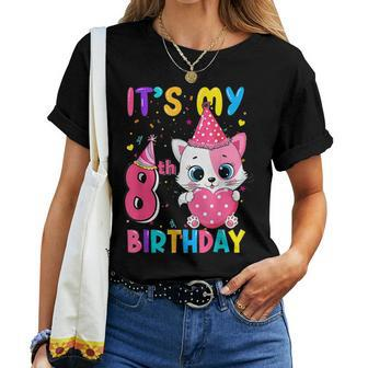 It's My 8Th Birthday Girl Cat Birthday 8 Year Old Women T-shirt - Seseable
