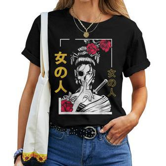 Japanese Samurai Floral Warrior Geisha Woman Tokyo Anime Women T-shirt Crewneck Short Sleeve Graphic - Monsterry