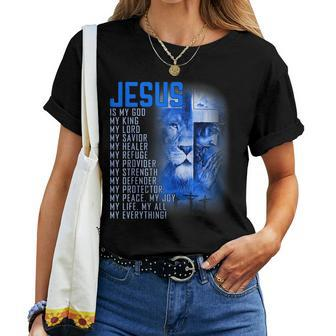Jesus Is My God King My Lord My Savior Blue Lion Christian Women T-shirt | Mazezy