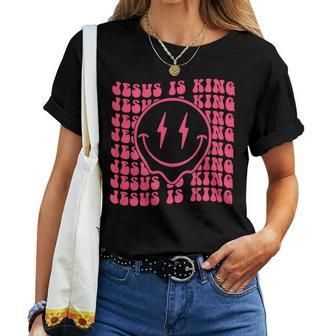 Jesus Is King Retro Groovy Aesthetic On Back Women T-shirt Casual Daily Crewneck Short Sleeve Graphic Basic Unisex Tee