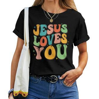 Jesus Loves You Retro Groovy Style Graphic Design Women Women T-shirt - Seseable