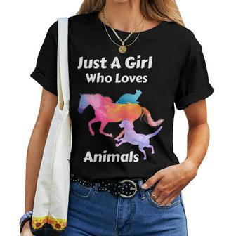 Just A Girl Who Loves Animals Dog Cat Horse Women T-shirt Short Sleeve Graphic - Monsterry