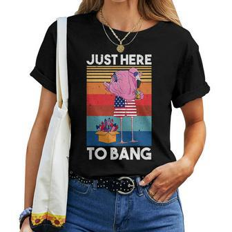 Just Here To Bang Retro Vintage Firework Flamingo Usa Flag Women T-shirt | Mazezy