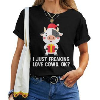 I Just Freaking Love Cows Ok Christmas Xmas Pajama Farmer Women T-shirt | Mazezy