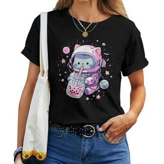 Kawaii Cat Bubble Boba Tea In Space Astronaut Anime Girls Women T-shirt