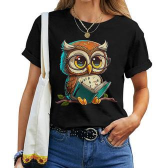 Kawaii Owl Reads Book Reading Bookworm Library Book Women T-shirt | Seseable CA