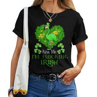 Kiss Me Im Flocking Irish Green Flamingo St Patricks Day Women T-shirt | Mazezy