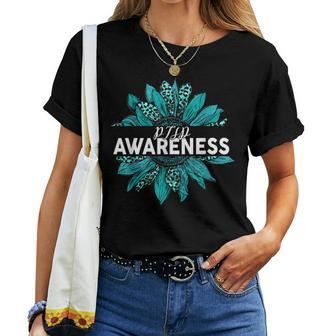 Leopard Sunflower Ptsd Awareness Teal Ribbon Women T-shirt | Mazezy