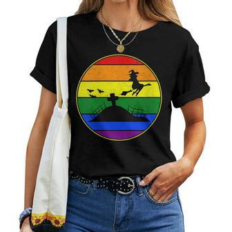 Lesbian Stuff Lgbtq Gay Goth Pride Rainbow Witch Broom Ride Women T-shirt | Mazezy