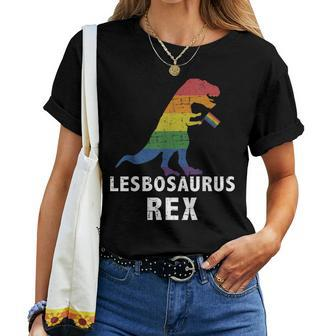 Lesbosaurus Rex Dinosaur In Rainbow Flag For Lesbian Pride Women T-shirt | Mazezy