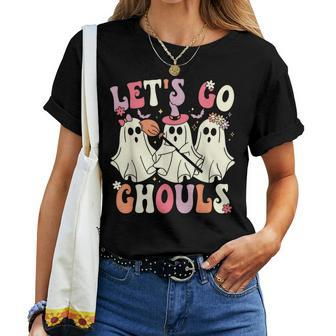 Let's Go Ghouls Halloween Ghost Costume Retro Groovy Women T-shirt - Monsterry CA