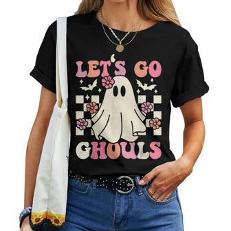 Let's Go Ghouls Halloween Ghost Costume Retro Groovy Women T-shirt - Seseable
