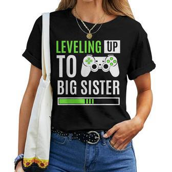 Leveling Up To Big Sister Gaming Baby Gender Announcement Women T-shirt | Mazezy