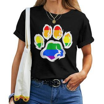 Lgbt Ally Furry Pride Rainbow Fursuit Dog Paw Print Women T-shirt | Mazezy