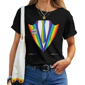 Lgbt Lgbtq Pride Month Rainbow Tuxedo Necktie Gay Pride Women T-shirt | Mazezy