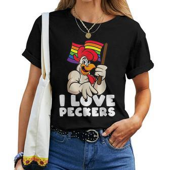 Lgbt Rainbow Flag Rooster Pun I Love Peckers Gay Chicken Dad Women T-shirt - Seseable