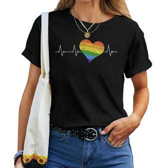 Lgbtq Heart Heartbeat - Love Gay Pride Heartshape Ekg Pulse Women T-shirt Crewneck | Mazezy
