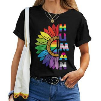 Lgbtq Human Pride Month Rainbow Peace Sign Flower Women T-shirt | Mazezy