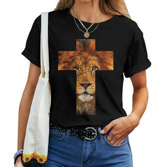 Lion Cross Christian Faith King Lord Bible Image Judah Women T-shirt | Mazezy