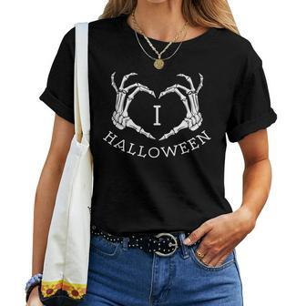 I Love Halloween Skeleton Heart October Fall Halloween Women T-shirt | Mazezy
