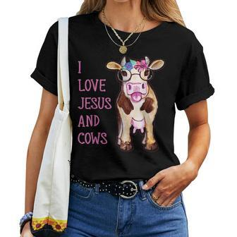 I Love Jesus And Cows Floral Lover Owner Cute Womens Quote Women T-shirt | Mazezy