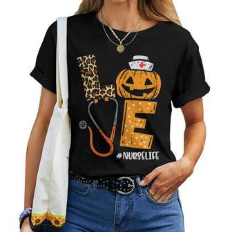 Love Nurse Life Pumpkin Leopard Fall Halloween Nurses Women Women T-shirt | Mazezy