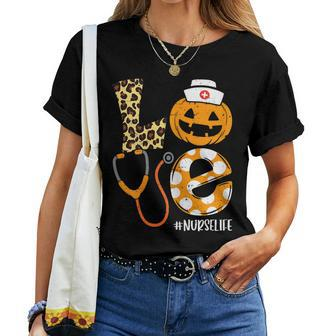 Love Nurse Pumpkin Leopard Fall Halloween Thanksgiving Nurse Women T-shirt | Mazezy