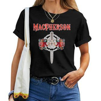 Macpherson Scottish Clan Family Name Tartan Lion Sword Women T-shirt | Mazezy