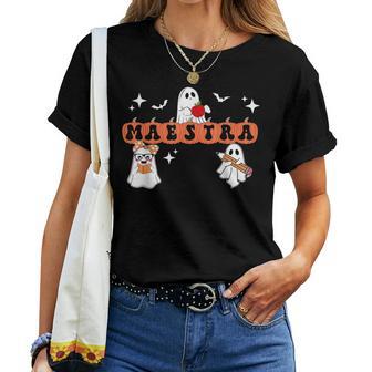 Maestra Halloween Spanish Bilingual Teacher Pumpkins Ghosts Women T-shirt - Thegiftio UK