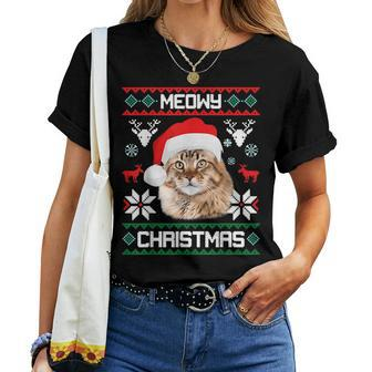Maine Coon Cat Meowy Ugly Sweater Cat Christmas Women T-shirt | Mazezy
