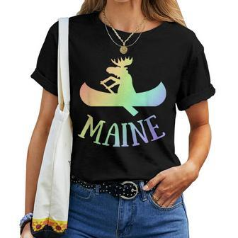 Maine Moose Canoe Rainbow Vacation T Women T-shirt | Mazezy