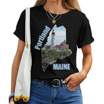 Maine Portland Lighthouse Summer Shoreline Souvenir Women T-shirt | Mazezy