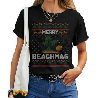Merry Beachmas Palm Tree Beach Christmas Ugly Sweater Women T-shirt - Seseable