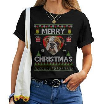 Merry Christmas English Bulldog Dog Ugly Sweater Women T-shirt - Seseable