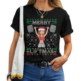 Merry Liftmas Ugly Christmas Sweater Miss Santa Gym Workout Women T-shirt | Mazezy