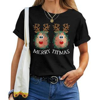 Merry Titmas Reindeer Boobs Naughty Ugly Christmas Sweater Women T-shirt - Seseable