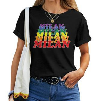 Milan City Gay Pride Rainbow Word Women T-shirt Crewneck | Mazezy