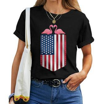 Mini Pink Flamingos In Usa Flag Pocket Women T-shirt | Mazezy