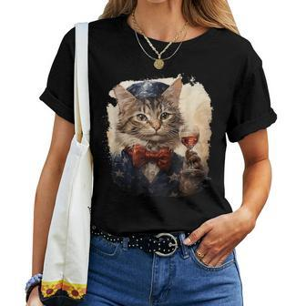 Minuet Cat 4Th July Stars Stripes Bowtie Wine Women T-shirt | Mazezy