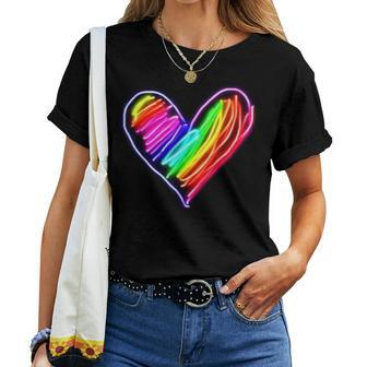 Neon Rainbow Heart Love Pride Lgbqt Rally Women T-shirt | Mazezy
