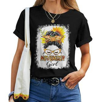 November Girl Messy Hair Bun Sunglasses Lady Birthday Women T-shirt | Mazezy