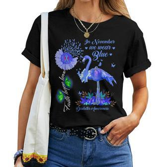 In November We Wear Blue Flamingo Flower Diabetes Awareness Women T-shirt | Mazezy