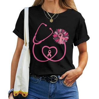 Nurse Sunflower Pink Ribbon Breast Cancer Awareness Women T-shirt - Seseable